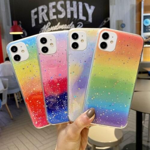 Glitter Sequins Star For iPhone 12 11 Pro Max XS Max XR X 7 8 Plus 12 Mini SE 2 Phone Case Cute Gradient Rainbow Soft TPU Case