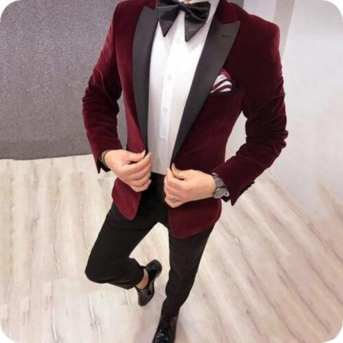 2020 Latest Coat Pant Designs Black Velvet Men Suit Slim Fit 2 Pieces Men Wedding Suits Groom Party Tuxedos Blazer With Pants