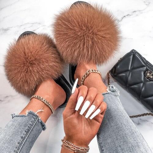 New Fashion Women Summer Real Fox Fur Slippers Cute Fluffy Slippers Sweet Plush Slippers Ladies Party Beach Hot Slides Slippers