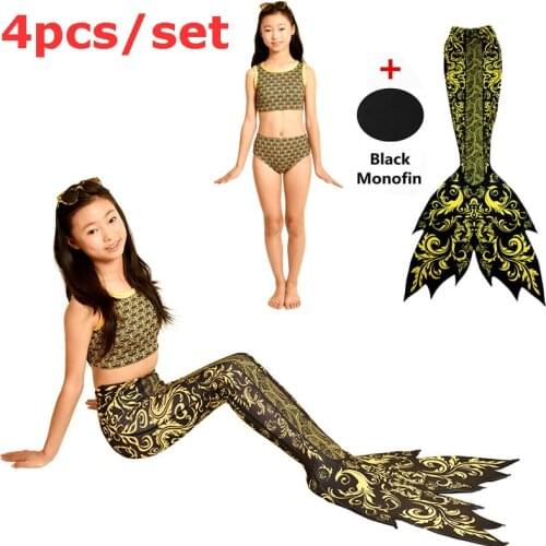 New Style Girls Mermaid Tail With Black Monofin Kids Fancy Tial Halloween Swimming Cosplay Costumes Beach Swimmable Swimsuits