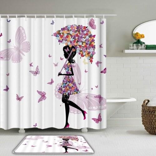 Flower Butterfly Woman Shower Curtains Waterproof Bathroom Curtain Toilet Mat Non-Slip Rug Set Bathtub Decor Girl Shower Curtain