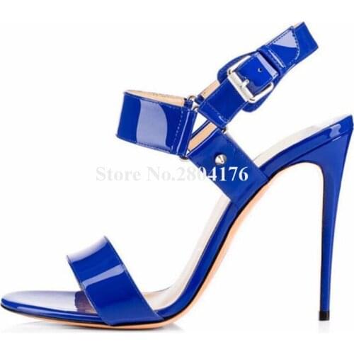 Women Sexy Open Toe Patent Leather Stiletto Heel Buckle Sandals Straps Super High Heel Sandals Nude Black Red Blue Dress Shoes
