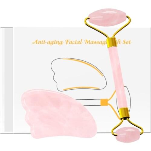 Drop Shipping Facial Massage Roller Rose Quartz Gouache Scraper Set 100% Natural Pink Crystal Face Roller Skin Care Tools