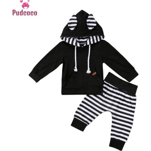 Fall Winter 2PCS Set Kids Ear Hooded Tops Baby Girls T-Shirt+Long Striped Pants Outfits Set Newborn Tracksuit Baby Clothing