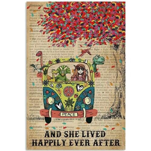 Dictionary and She Lived Happily Dinosaur Metal Tin Sign Retro Vintage Cottage Garden Restaurant Farm Coffee Shopping Mall Farm