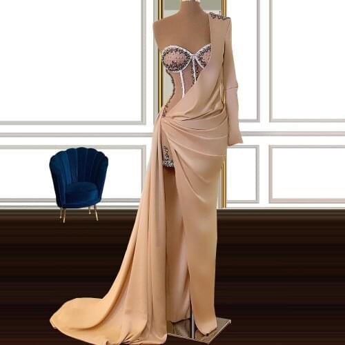 Rhinestone AB Stones Single Sleeve Champagne Evening Dress A-line High Slit платье 2021 нарядные sukienki wizytowe