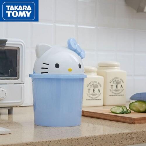 TAKARA TOMY cute cartoon Hello Kitty with lid storage box desk bedroom plastic paper basket trash can trumpet