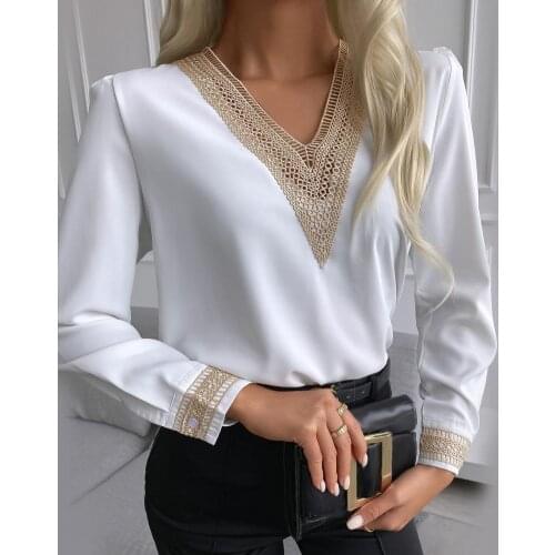 Office Lady Casual Blouse Patchwork V Neck Spring Autumn Long Sleeve Chiffon Shirt Top Streetwear T-shirt Women 2021