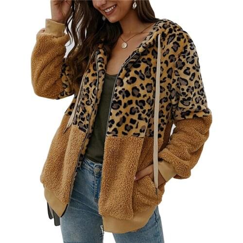 Leopard Patchwork Women Coat Autumn Hooded Long Sleeve Pockets Outwear Plush Winter Warm Ladies Overcoat
