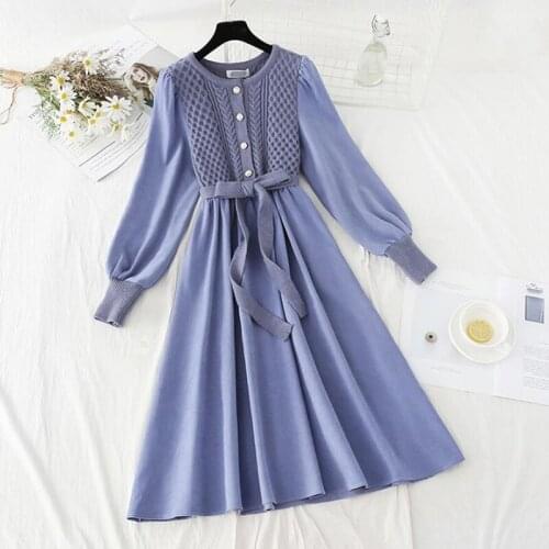 Elegant knitted Patchwork Sweater Dress Women O-neck Autumn Winter Bow Vintage A-line Corduroy Dresses Long sleeve Vestidos