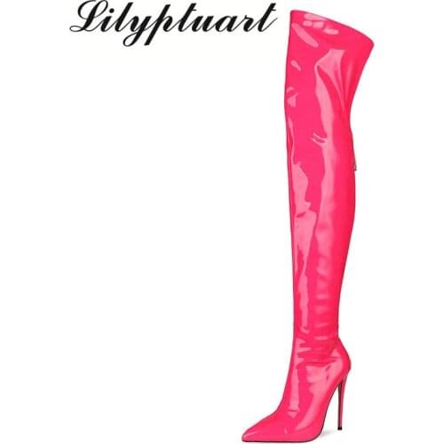 2021 Winter Shiny Patent Leather Over The Knee Boots Pointed Toe Super High Heel Sexy Womens Shoes Woman Shoes High Heels Sexy