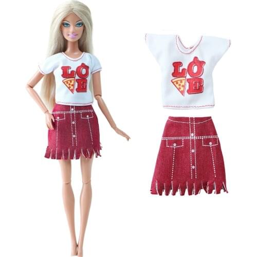 BJDBUS 1 Set Summer Cool Girl Outfit Wine Red Fringed Skirt + White T-shirt Daily Casual Clothes for Barbie Doll Accessories Toy