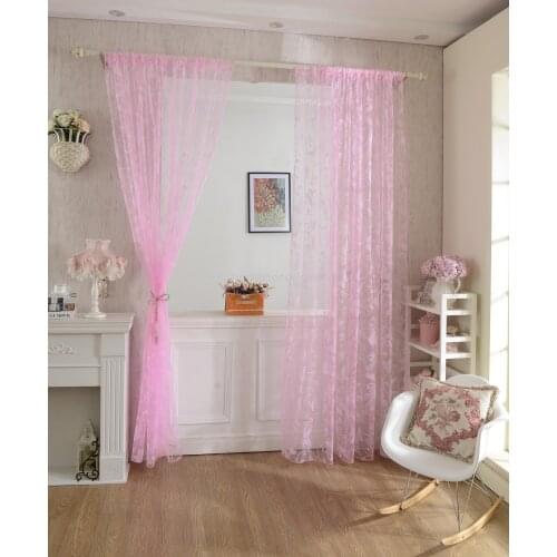 2Pcs Flocking Butterfly Tulle Voile Door Window Curtain Drape Panel Sheer Scarf Valances Pink 200 x 100cm