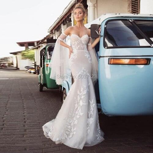 2020 Sexy Mermaid Wedding Dresses Sweetheart Sleeveless Lace Appliques Zipper Bridal Wedding Gown Vestido De Noiva Sweep Train