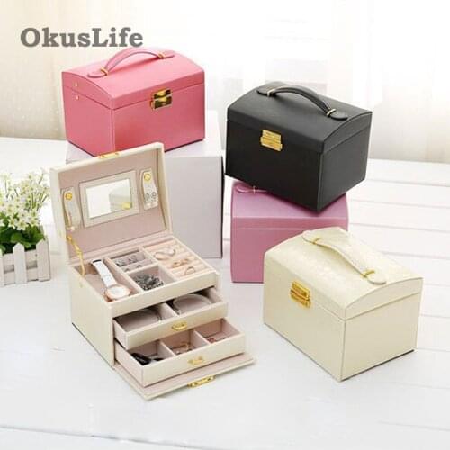 3 layers Portable Leather Storage Double Drawers Jewelry Box Rings Bracelet Bedroom Organizer Display Makeup Storage Case
