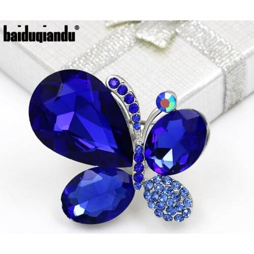Baiduqiandu Shinning Blue / Red / Purple Glass Crystal Butterfly Brooch Pins for Women Dress Clothes Jewelry Accessories