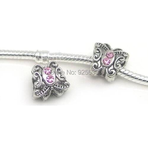 Free Shipping 25pcs antique silver plated metal pink rhinestone butterfly big hole beads for European bracelet DIY