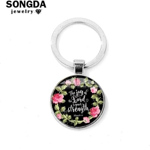 SONGDA Fashion Psalm Bible Verses Keyring "WE LOVE BECAUSE HE FIRST LOVED US" Scripture Quote Glass Gem Keychain Christian Gifts
