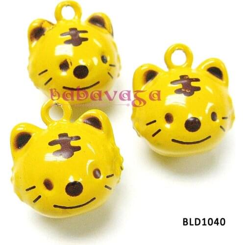 Enamel Yellow Tiger Head Metal Cartoon Jingle Bell Charms Fit Pendants Bracelet Pet Necklace Hanging