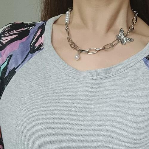 Hip-hop Clavicle Chain Ins Butterfly Pearl Stitching Necklace Female Metal Thick Chain Accessories Chokers Necklaces C01-C14