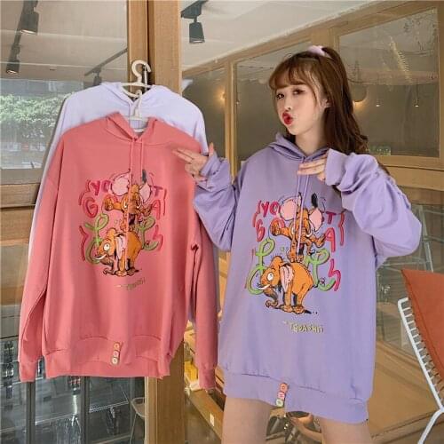 Hoodies Women Oversize Japanese Hoodies Women Harajuku Style Cartoon Printing Korean Long-sleeve Plus Velvet Sweatshirt Female