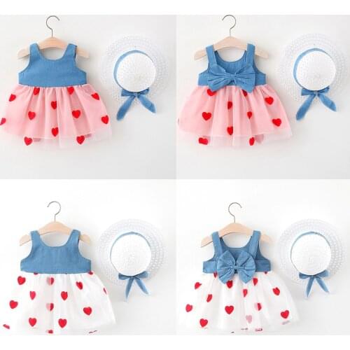 Baby Girl Clothes Sets Toddler Kids Girls Denim Heart Patchwork Dress Straw Cap Hat Outfits Set Girls Clothes Vestiti Neonata