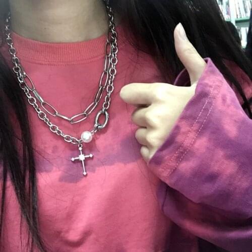 Cross Jesus Necklace Women Rhinestone Woman Necklaces Layered Beads Chain Fashion Silver Color Punk European Zinc Alloy Collares