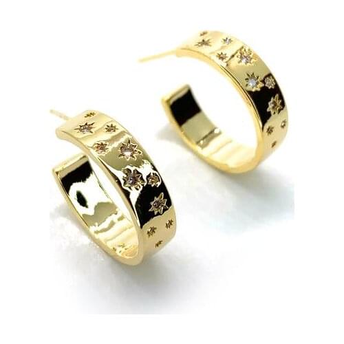 Gold Color Chunky Thick Hoop Earring Micro Pave Clear Starburst Star Cubic Zirconia Circle Hoops