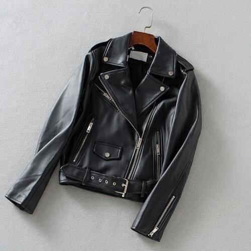 2021 New Spring Women Pu Faux Leather Jacket With Belt Autumn Moto Biker Loose Leather Coat Streetwear Ladies Outerwear Casual