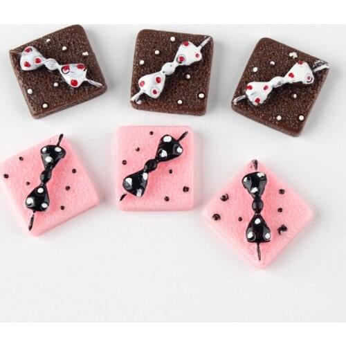 Kawaii Resin Cabochons Ribbon Knot Bow Decorated Square Food Cake Patch Sticker Ornament Garment Accessories Girls Bow Clip DIY