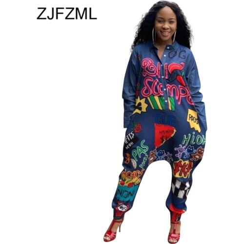 Multicolor Letter Print Harajuku Baggy Romper Women Casual Stand Collar Long Sleeve Loose Jumpsuit Streetwear Button Bodysuits