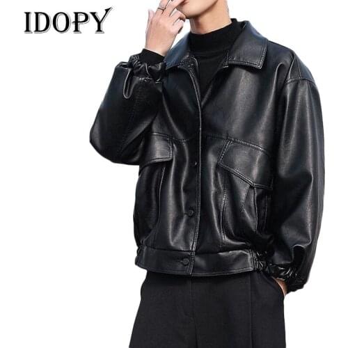 Idopy Mens Loose Style Jacket Motorcycle Biker Leather Jacket Men Fashion Leather Coats Male Bomber Jacket