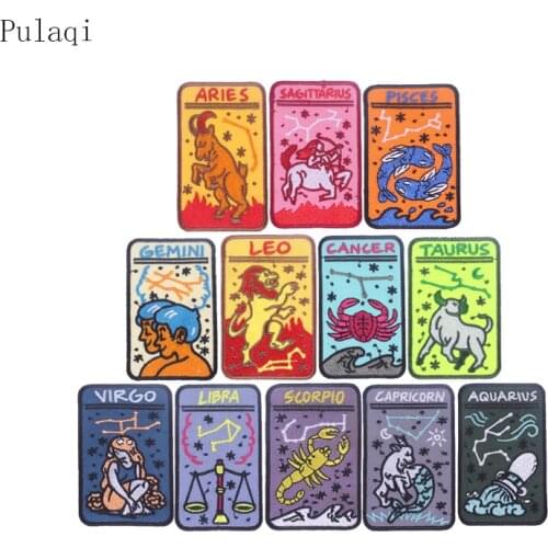 Pulaqi Twelve Constellation Patches For Backpack Aquarius Sagittarius Pisces Patch Iron On Embroidered Patches For Clothes