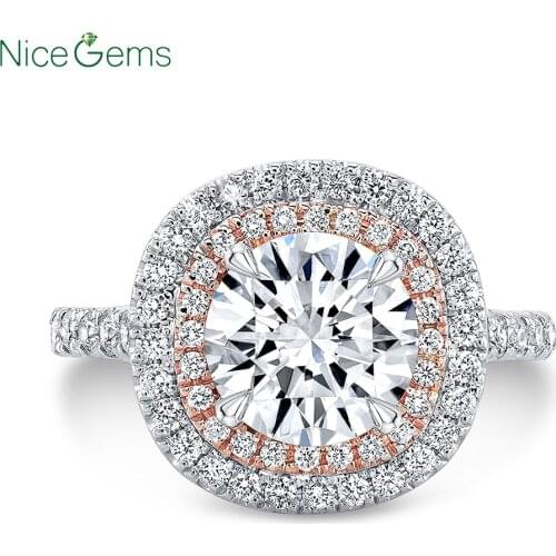 NiceGems 14k Gold Round cut Moissanite Engagement Ring Center 2ct two tone double halo Setting Rose gold and white gold ring