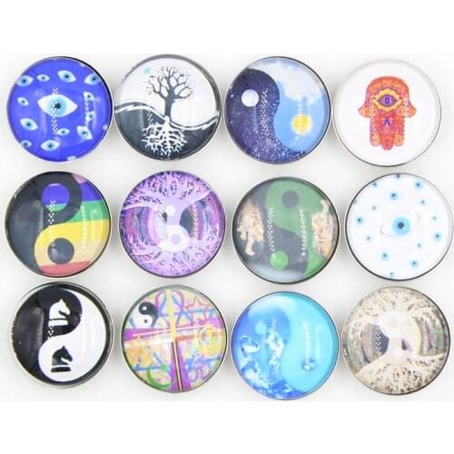 24pcs New Arrival Cabochon Glass Snaps Jewelry Faith Eyes Hands Ying Yang Button for 18mm Snap Bracelet Snap Earrings Jewelry