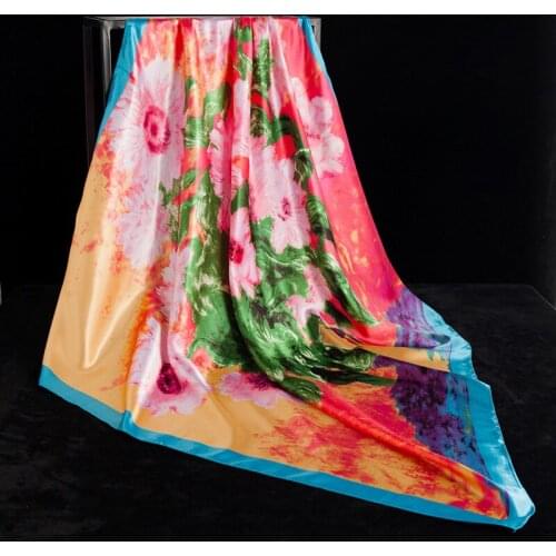 New Design Square Silk Scarf For Women Foulard Flower Painting Bandana Shawl Luxury Brand Head Scarf Elegant 90*90cm M308