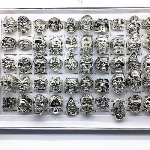 Wholesale top 50pcs/lot Silver Color Mens Punk Skull Ring Metal Rock Jewelry Skeleton Rings mixed styles