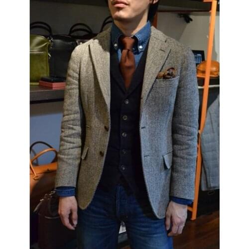 Tailored Vintage Gray Mens Tweed Jackets Men Blazer Men Jacket Leisure Business New Style Blazer Classical Fashion Suit Jackets