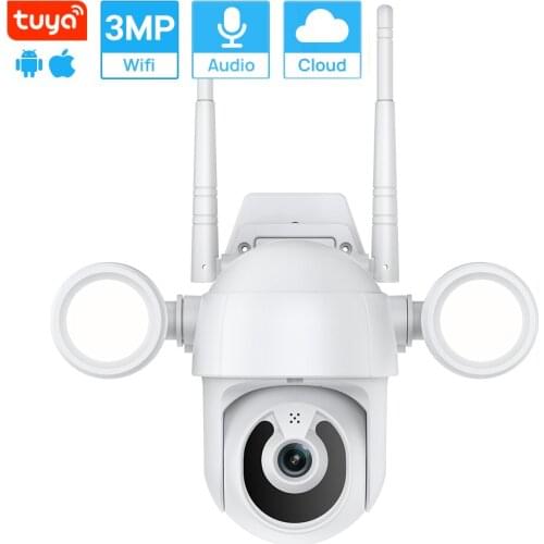 3MP Tuya Floodlight Wifi Camera Waterproof Outdoor PTZ Camera Auto Tracking Human Detection Colorful Nightvision Tuya Smart Life