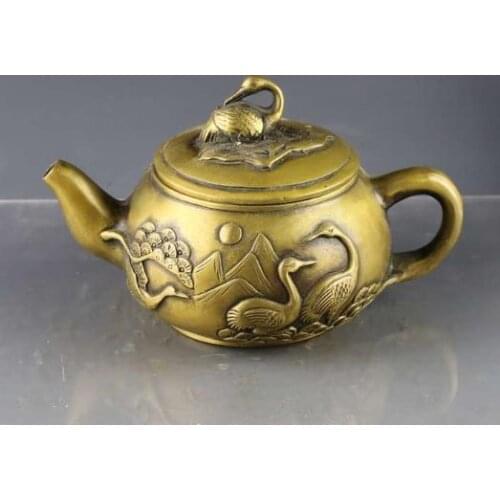 Rare Old QingDynasty Copper longevity pot,Brass Crane teapot,hand carving crafts,best collection&adornment,free shipping