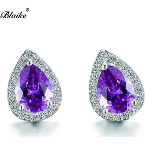 Blaike Purple Zircon Teardrop Earrings For Women Cute Geometric Wedding Earring Fashion Silver Color Jewelry