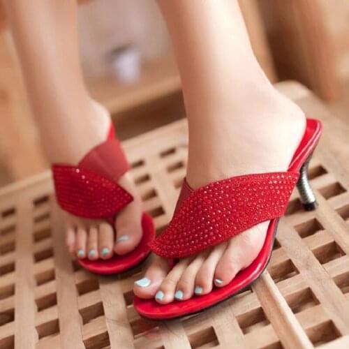 Genuine Leather Fashion Summer Gladiator Shoes Womens Slippers Rhinestone Brand Beach Flip Flops Sexy Ladies Sweet High Heels