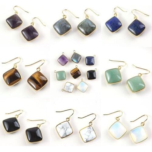 Xinshangmie Purple Amethysts Cushion Shape Gold Color Lapis Lazuli Rhombus Cabochon Fashion Earrings Jewelry