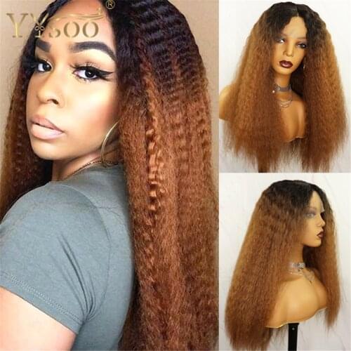 YYsoo 1b/30 Honey Blonde Yaki Futura Synthetic Hair T Part Wigs For Women Dark Roots Ombre Kinky Straight Wigs Natural Hairline