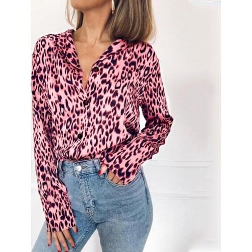Women Autumn Fashion V Neck Leopard Print Button Long Sleeve Loose Shirt Blouse
