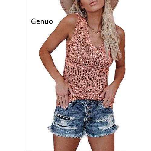 Women Casual Summer Clothes Hollow Out Lady Sexy Basic Tops Sleeveless Camisole Knitting Vest V-Neck Top Fit Halter Vintage Tops