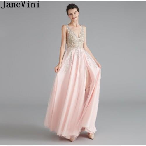 JaneVini A Line Crystal Long Evening Dresses 2019 Dubai Abendkleider Pink Sexy Leg Split V Neck Backless Luxury Beaded Prom Gown