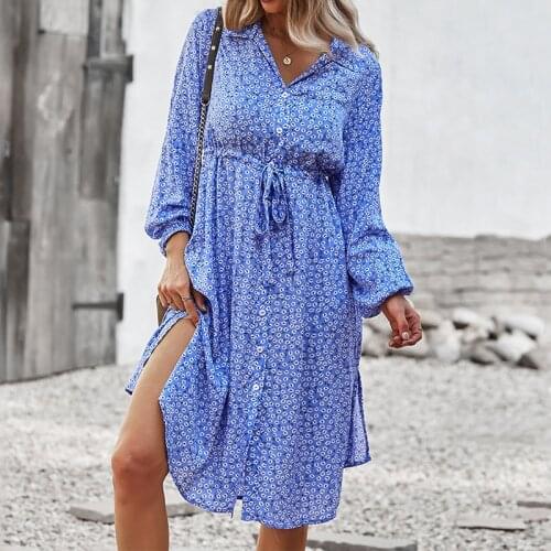 2021 Autumn Lapel Bandage Dress Female Casual Long-Sleeved Single Breasted Floral Print Dresses For Woman Elegant Vestidos