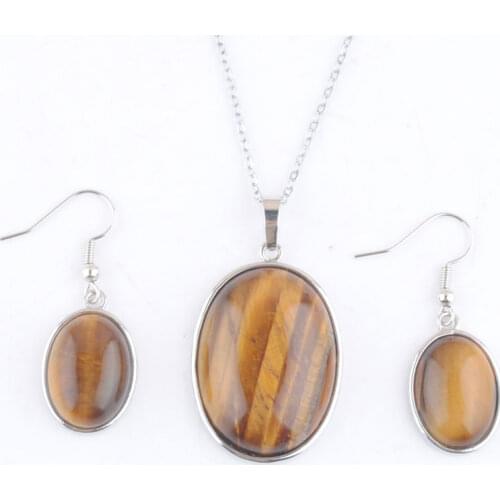 2 Sets Pendants Dangle Earrings Necklace Jewelry Set Oval Natural Stone Tigers Eye Bead Reiki Jewelry Chain 45cm QQ3111