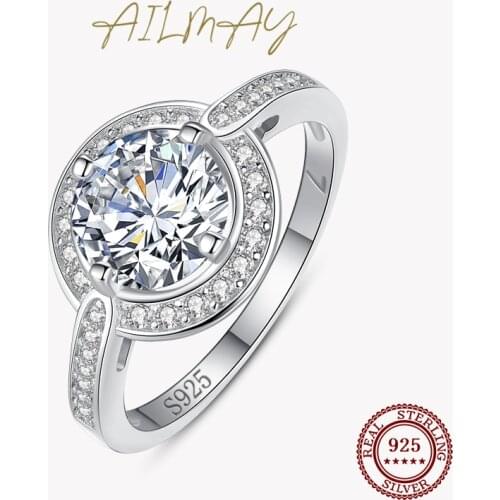 Ailmay 10 Hearts Arrows Zircon Rings Round Luxury Classic Style Solid 925 Sterling Silver For Women Classic Wedding Jewelry